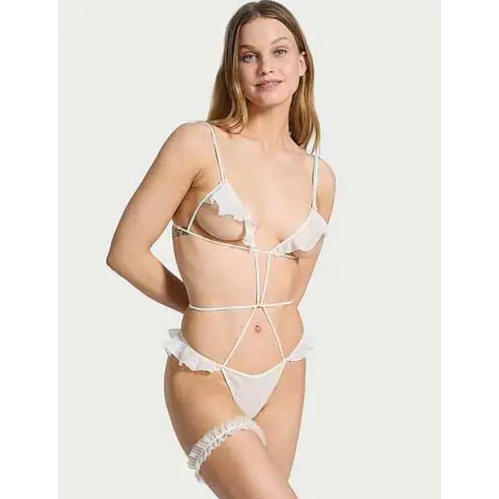 Victoria's Secret Dream Angels Ruffled Chiffon Teddy & Garter Lingerie White NWT